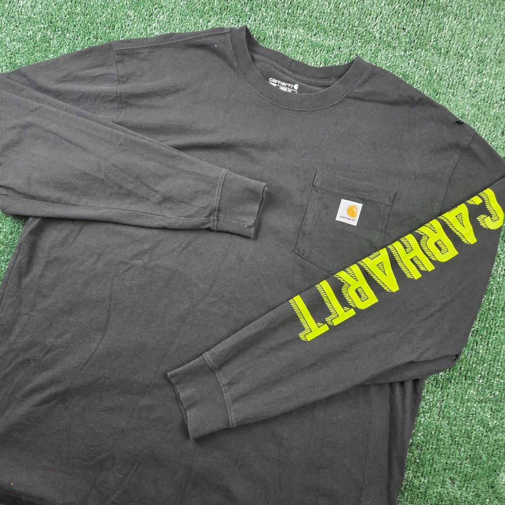 Carhartt Mens Long Sleeve Pocket T-Shirt XL Loose Fit Black Neon Yellow Graphic